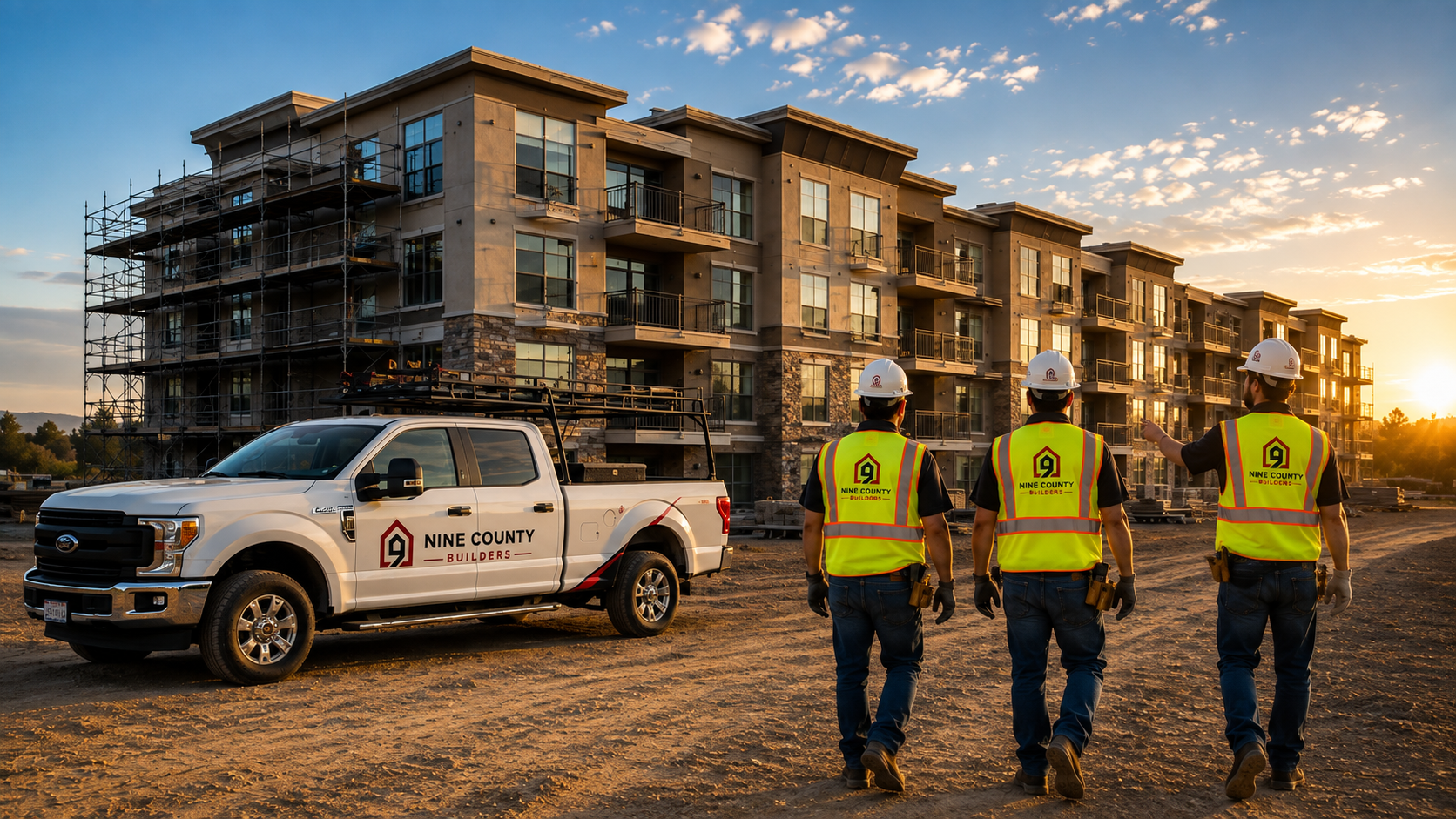 Nine County Builders crew and truck at a multifamily construction site at sunset